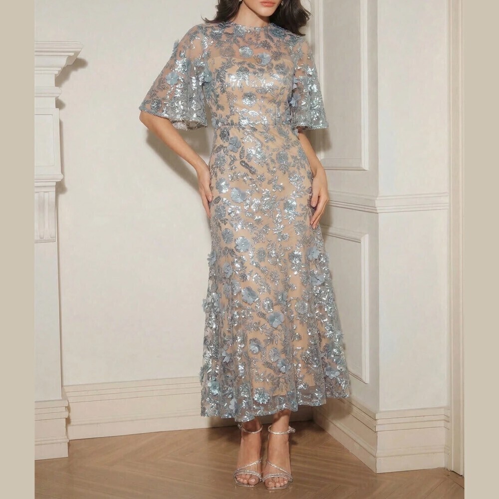 Dusty Blue Sequin Floral Applique Flare Sleeve Mermaid Maxi Dress